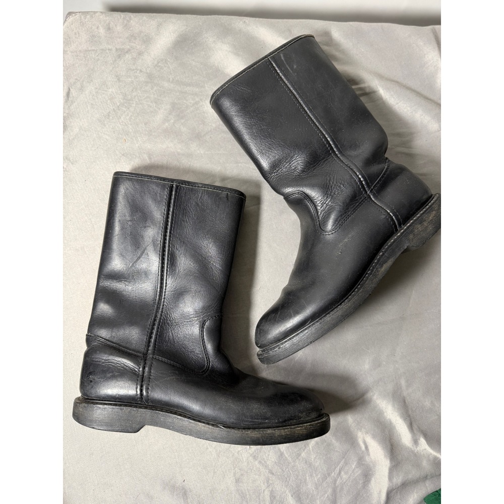 Vintage Double H Black Leather Mid-Calf Boots Faux Shearling Lined Zip Mens 7‎